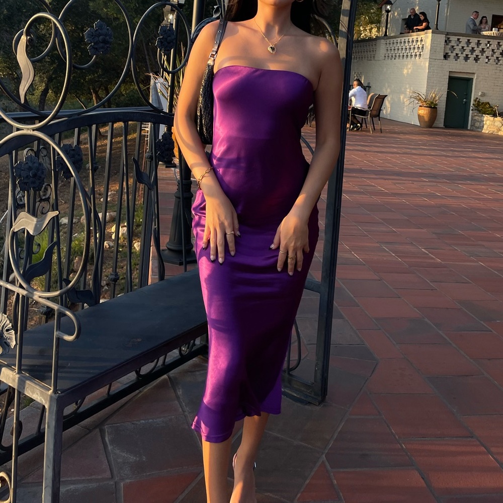 Meshki purple tyler satin midi dress